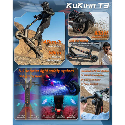 Trotineta electrica KuKirin T3, motor 800W, baterie 48V 15.6Ah, viteza maxima 45km/h, autonomie 58km, roti 10 inch, frane pe disc, amortizoare fata si spate