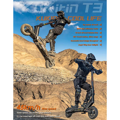 Trotineta electrica KuKirin T3, motor 800W, baterie 48V 15.6Ah, viteza maxima 45km/h, autonomie 58km, roti 10 inch, frane pe disc, amortizoare fata si spate
